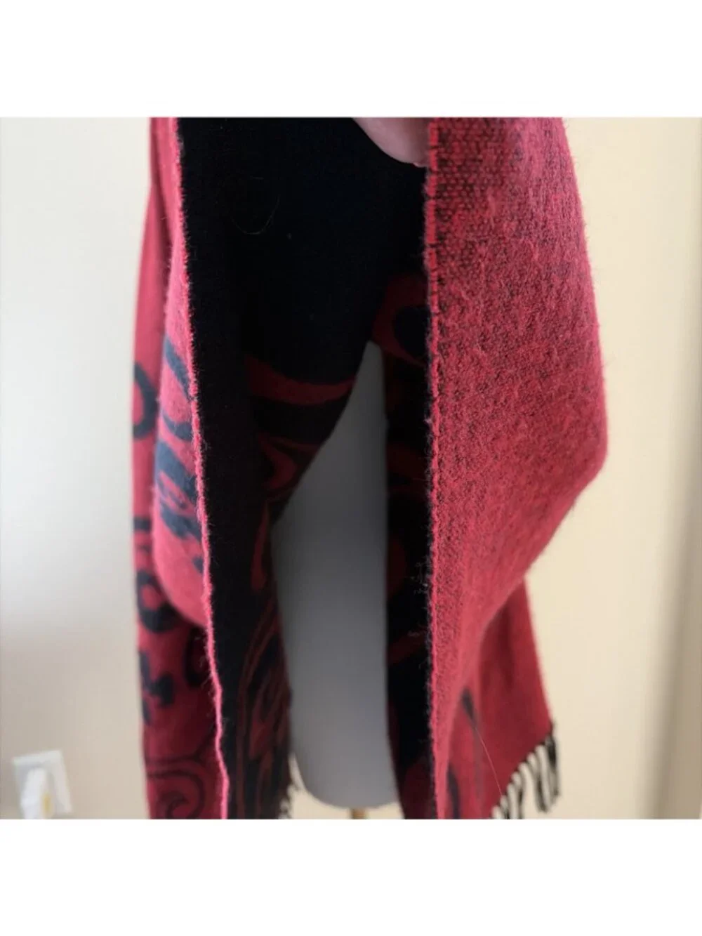 Women's Reversible Wool Blend Cape Poncho Prairie Shawl Red Back Fringe One Size
